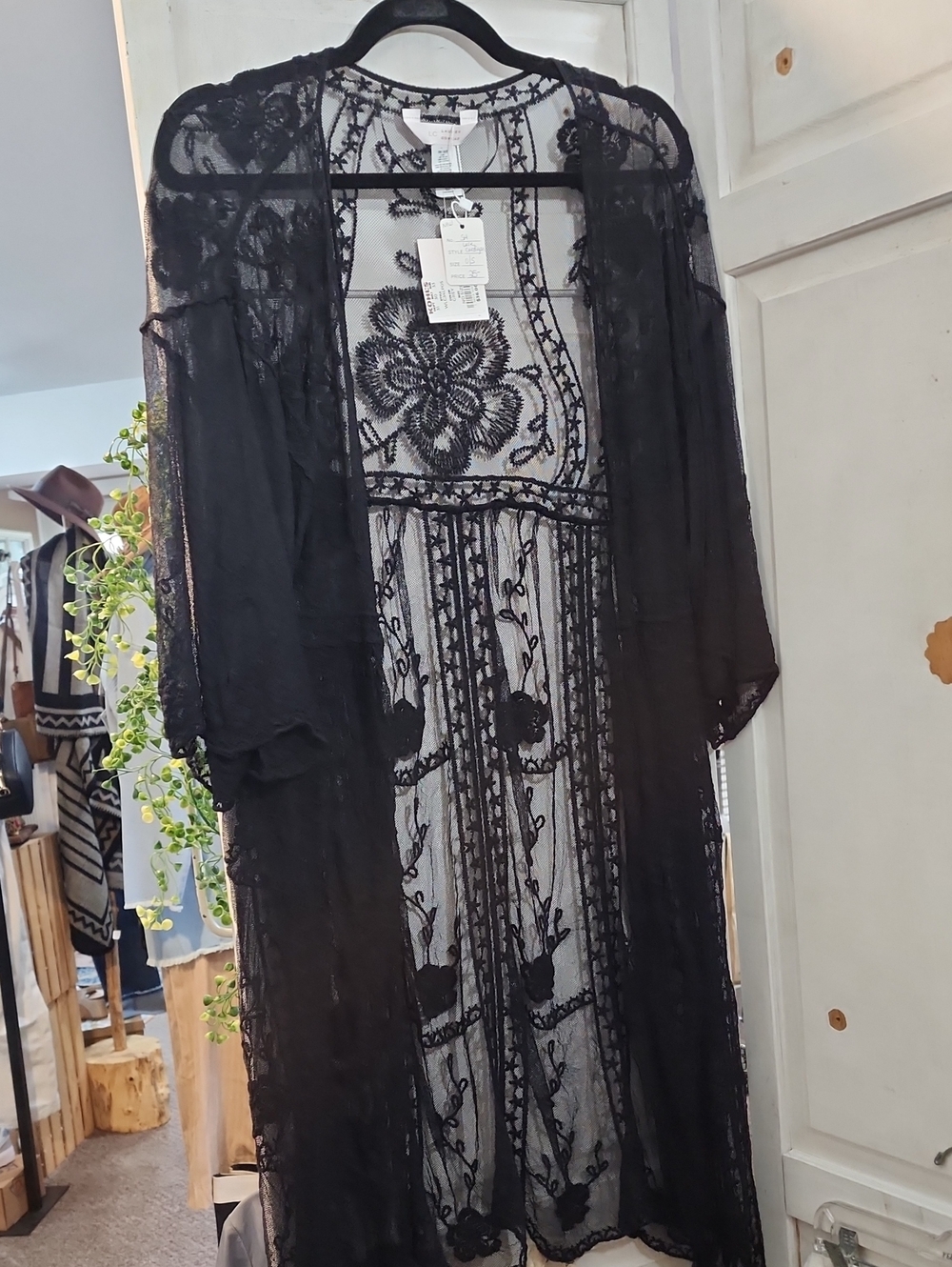 Sheer Black Lace Kimono with Floral Embroidery